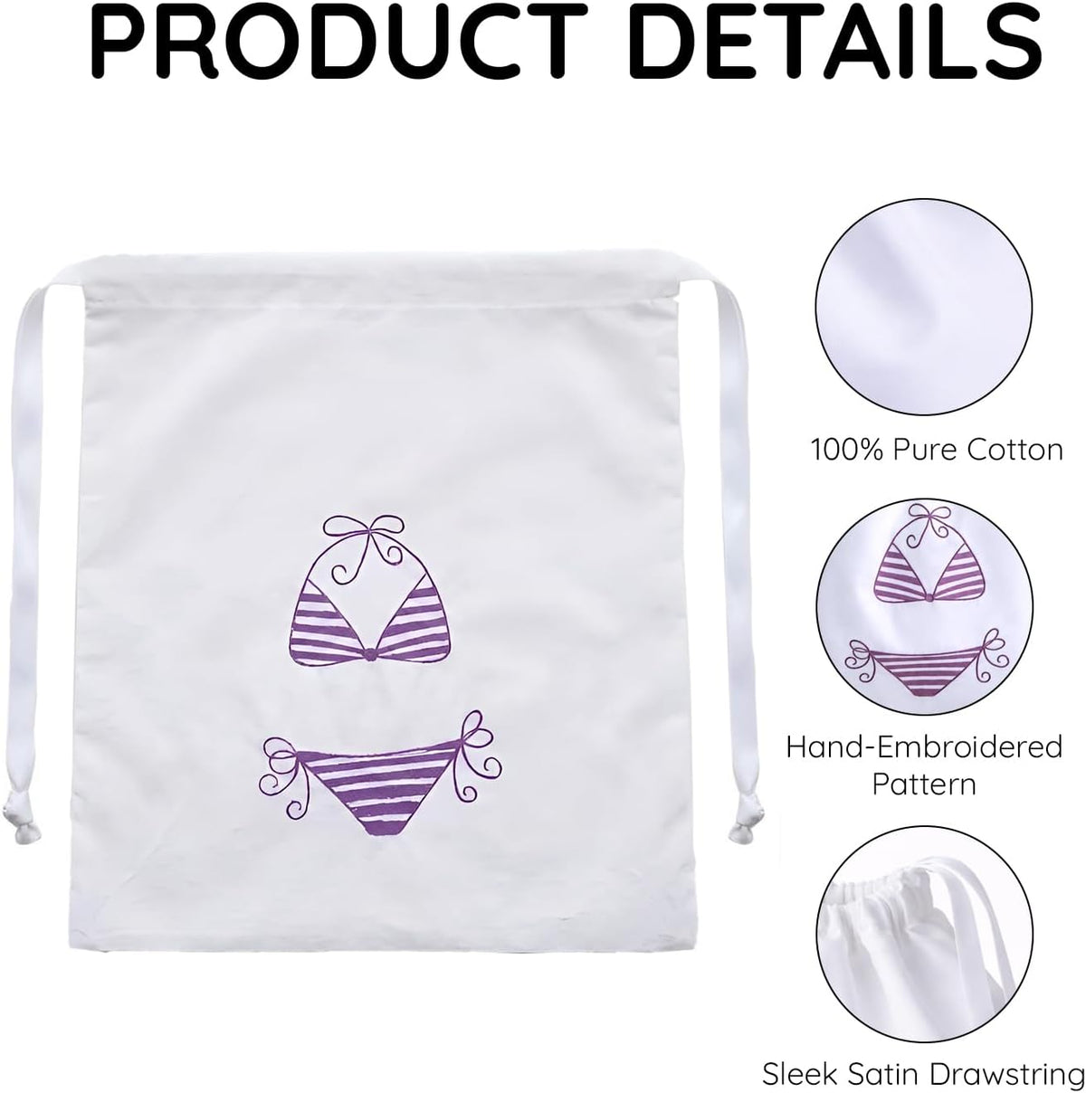 Lingerie Bag for Travel Set of 3, Women Lingerie Bags with Draw Strings, Double-Layered Egyptian Cotton Beach Bags for Swimwear, Underwear & Vacation Storage, 15x15 Inches (White)