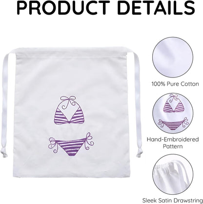 Lingerie Bag for Travel Set of 3, Women Lingerie Bags with Draw Strings, Double-Layered Egyptian Cotton Beach Bags for Swimwear, Underwear & Vacation Storage, 15x15 Inches (White)