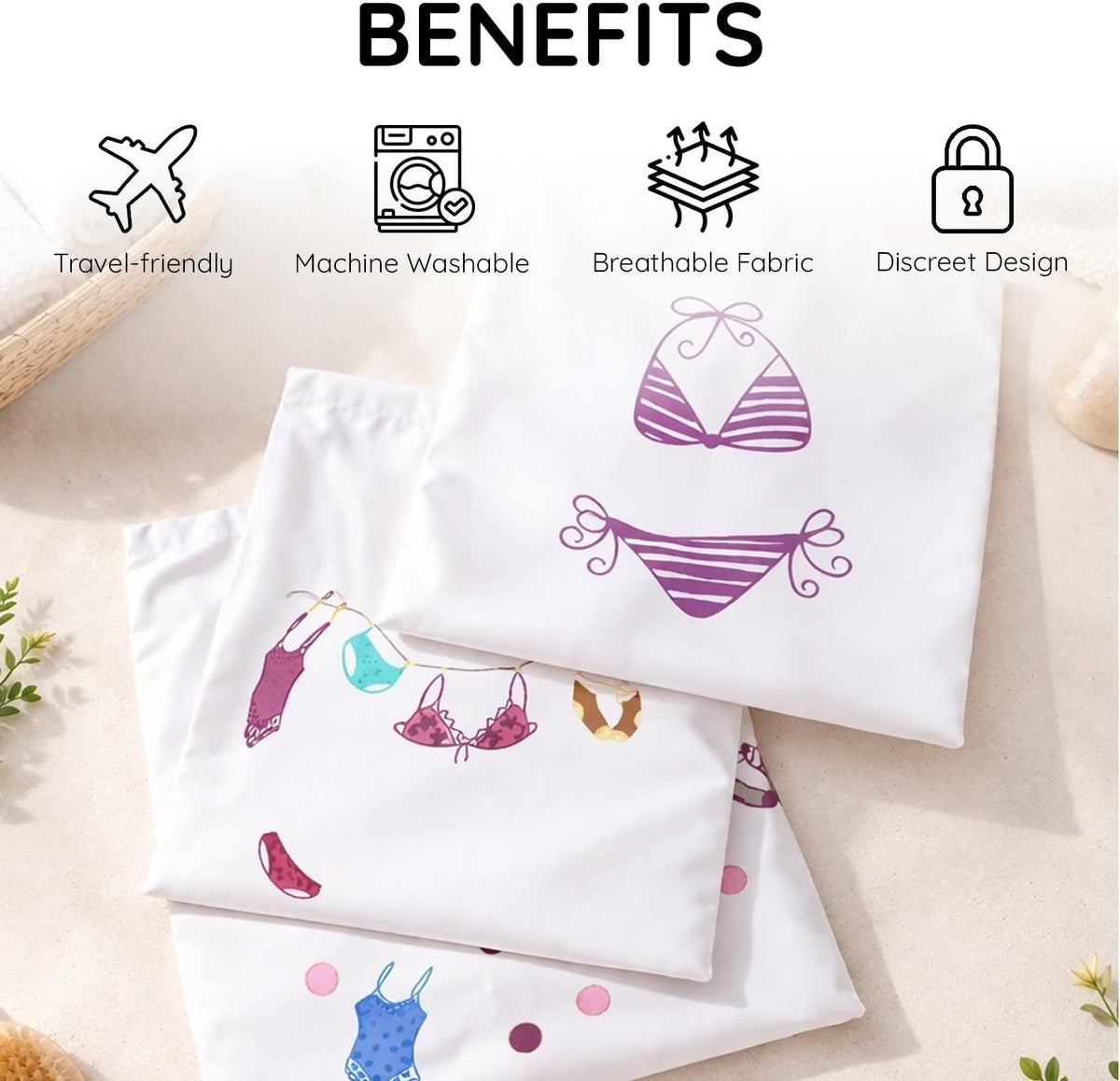 Lingerie Bag for Travel Set of 3, Women Lingerie Bags with Draw Strings, Double-Layered Egyptian Cotton Beach Bags for Swimwear, Underwear & Vacation Storage, 15x15 Inches (White)