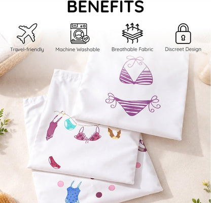 Lingerie Bag for Travel Set of 3, Women Lingerie Bags with Draw Strings, Double-Layered Egyptian Cotton Beach Bags for Swimwear, Underwear & Vacation Storage, 15x15 Inches (White)