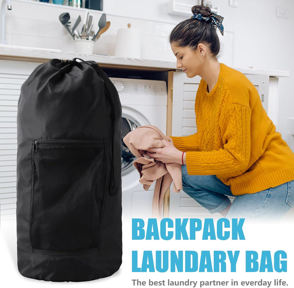 Laundry Bag Backpack, Extra Large Travel Laundry Bag with Mesh Pocket & Adjustable Shoulder Straps,Dirty Clothes Travel Bag for College Students Dorm,Apartment(Sunflower)