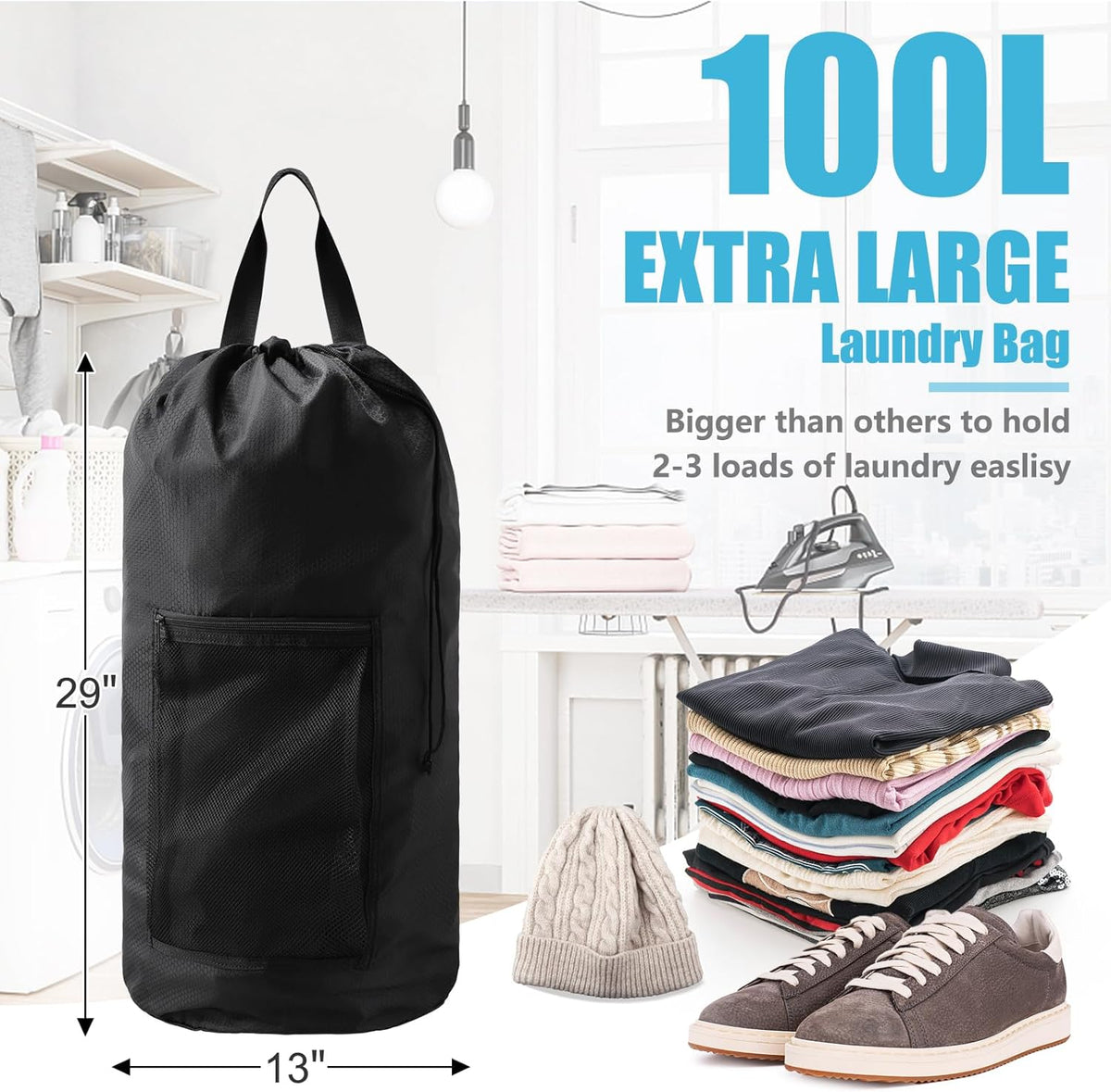 Laundry Bag Backpack, Extra Large Travel Laundry Bag with Mesh Pocket & Adjustable Shoulder Straps,Dirty Clothes Travel Bag for College Students Dorm,Apartment(Sunflower)