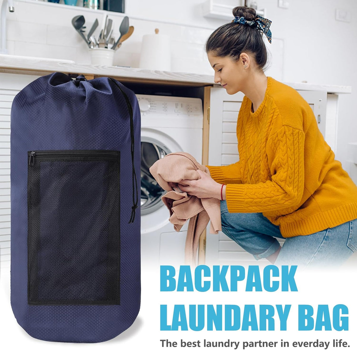 Laundry Bag Backpack, Extra Large Travel Laundry Bag with Mesh Pocket & Adjustable Shoulder Straps,Dirty Clothes Travel Bag for College Students Dorm,Apartment(Sunflower)