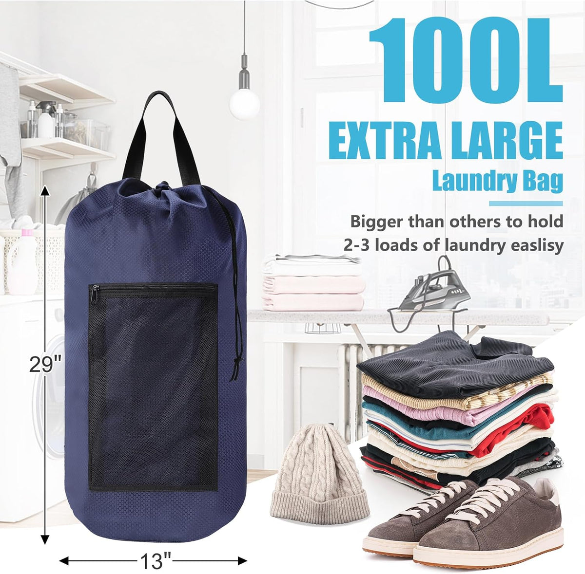 Laundry Bag Backpack, Extra Large Travel Laundry Bag with Mesh Pocket & Adjustable Shoulder Straps,Dirty Clothes Travel Bag for College Students Dorm,Apartment(Sunflower)