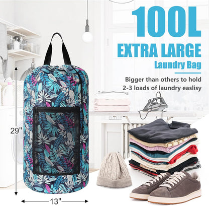 Laundry Bag Backpack, Extra Large Travel Laundry Bag with Mesh Pocket & Adjustable Shoulder Straps,Dirty Clothes Travel Bag for College Students Dorm,Apartment(Sunflower)
