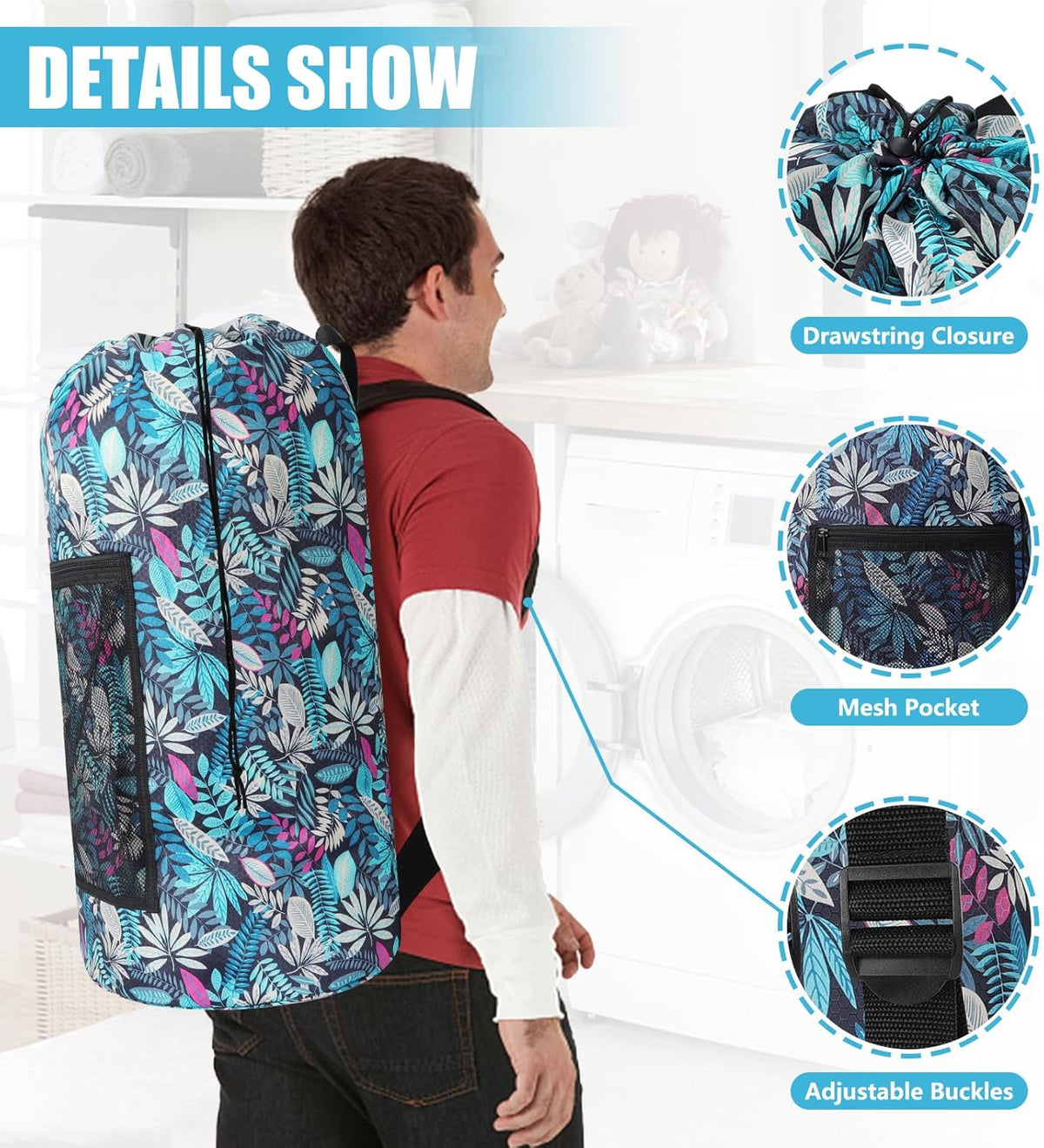 Laundry Bag Backpack, Extra Large Travel Laundry Bag with Mesh Pocket & Adjustable Shoulder Straps,Dirty Clothes Travel Bag for College Students Dorm,Apartment(Sunflower)
