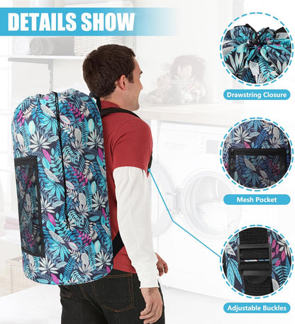 Laundry Bag Backpack, Extra Large Travel Laundry Bag with Mesh Pocket & Adjustable Shoulder Straps,Dirty Clothes Travel Bag for College Students Dorm,Apartment(Sunflower)