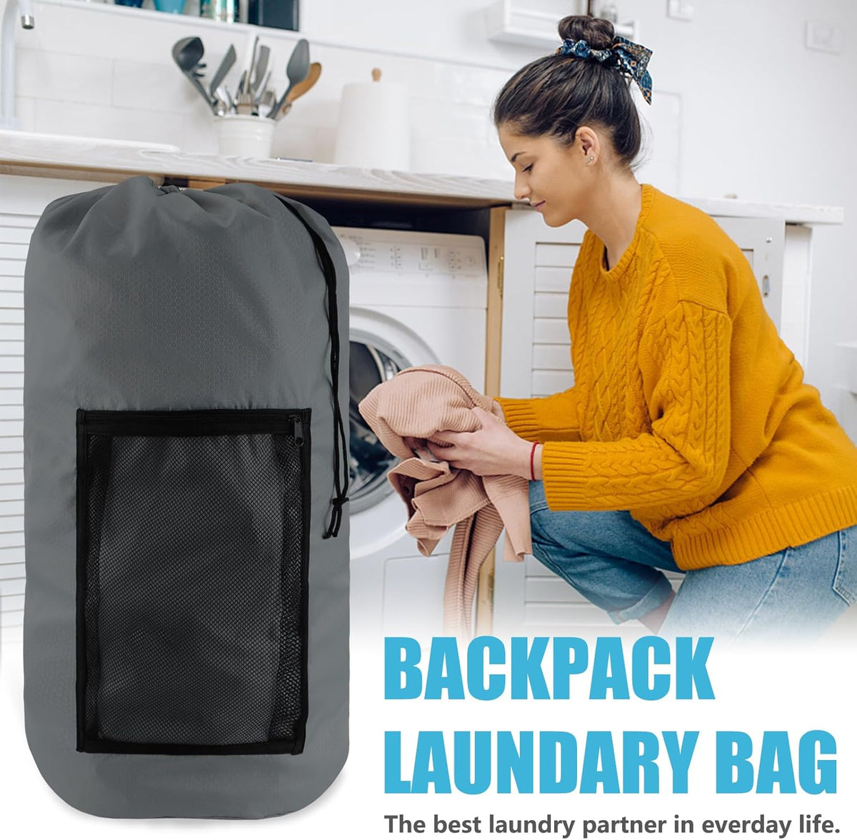 Laundry Bag Backpack, Extra Large Travel Laundry Bag with Mesh Pocket & Adjustable Shoulder Straps,Dirty Clothes Travel Bag for College Students Dorm,Apartment(Sunflower)