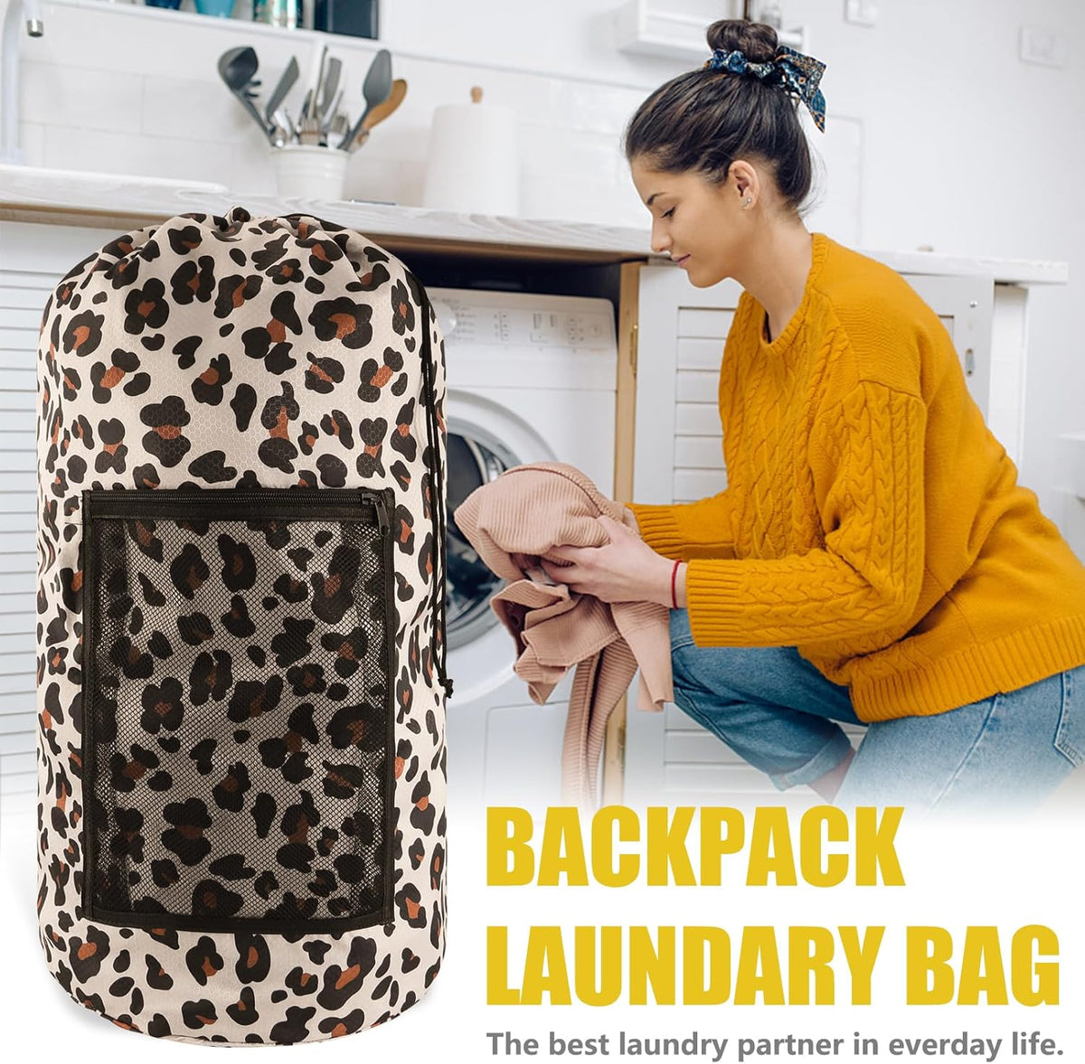 Laundry Bag Backpack, Extra Large Travel Laundry Bag with Mesh Pocket & Adjustable Shoulder Straps,Dirty Clothes Travel Bag for College Students Dorm,Apartment(Sunflower)