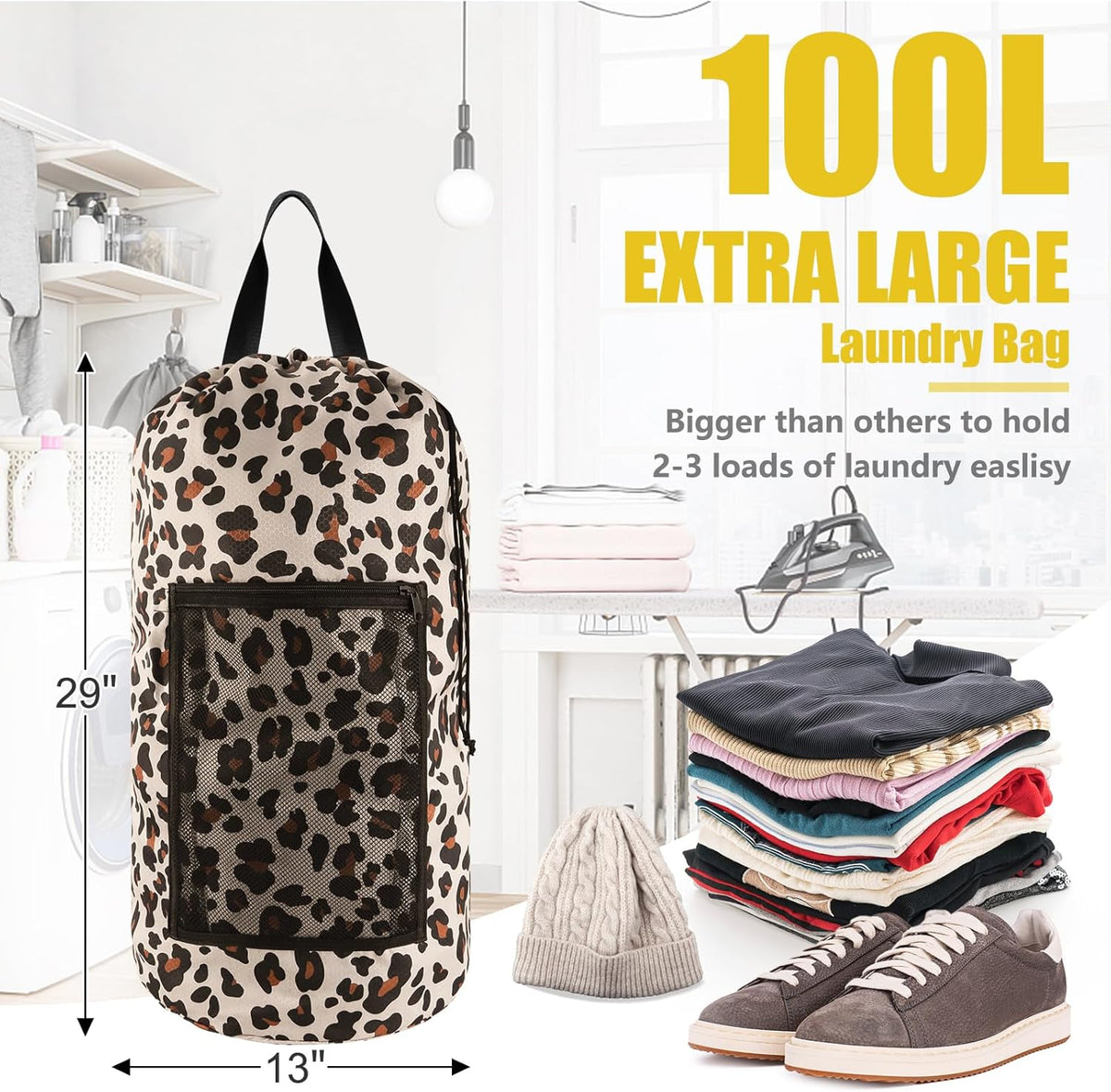 Laundry Bag Backpack, Extra Large Travel Laundry Bag with Mesh Pocket & Adjustable Shoulder Straps,Dirty Clothes Travel Bag for College Students Dorm,Apartment(Sunflower)