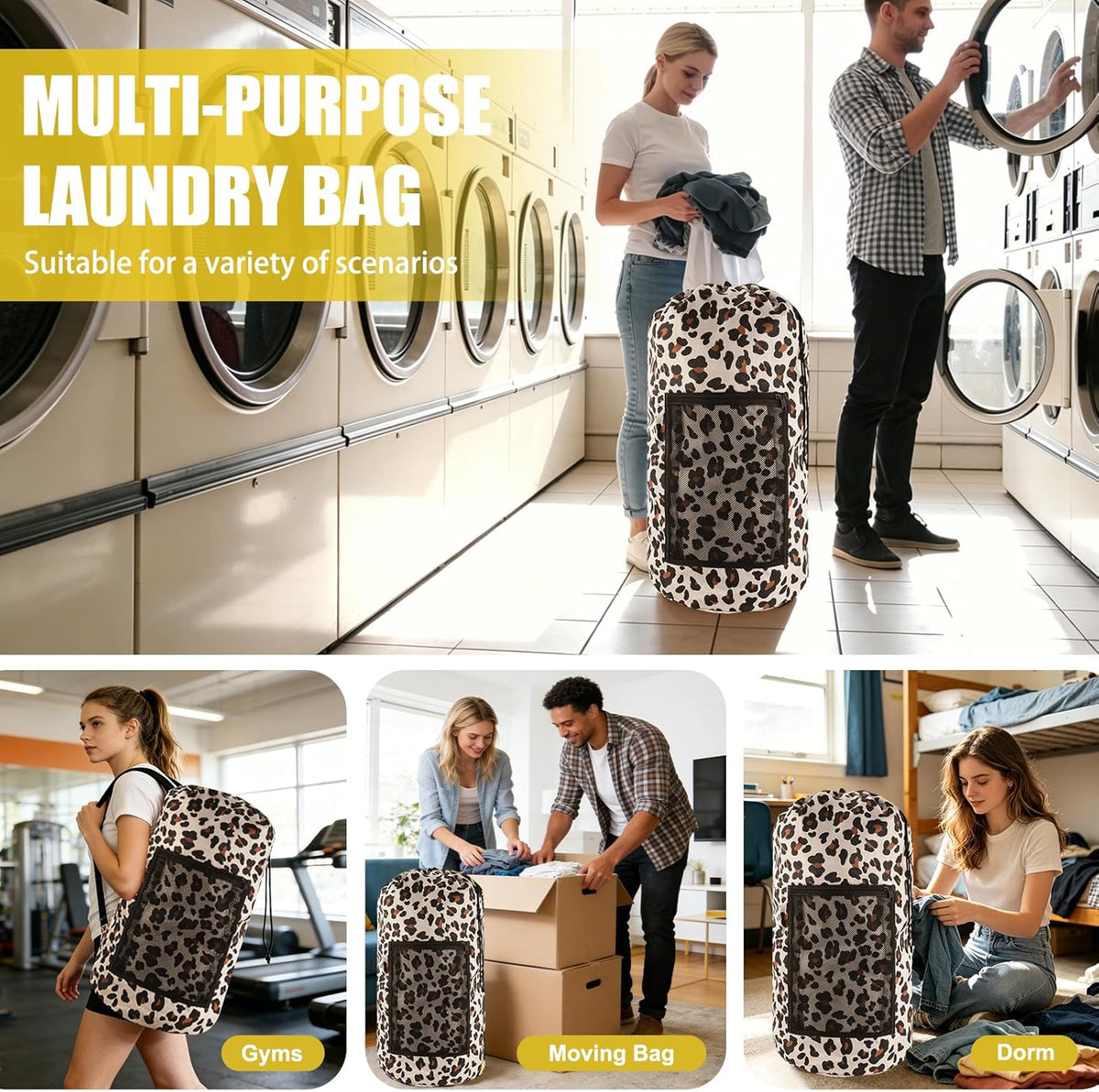Laundry Bag Backpack, Extra Large Travel Laundry Bag with Mesh Pocket & Adjustable Shoulder Straps,Dirty Clothes Travel Bag for College Students Dorm,Apartment(Sunflower)
