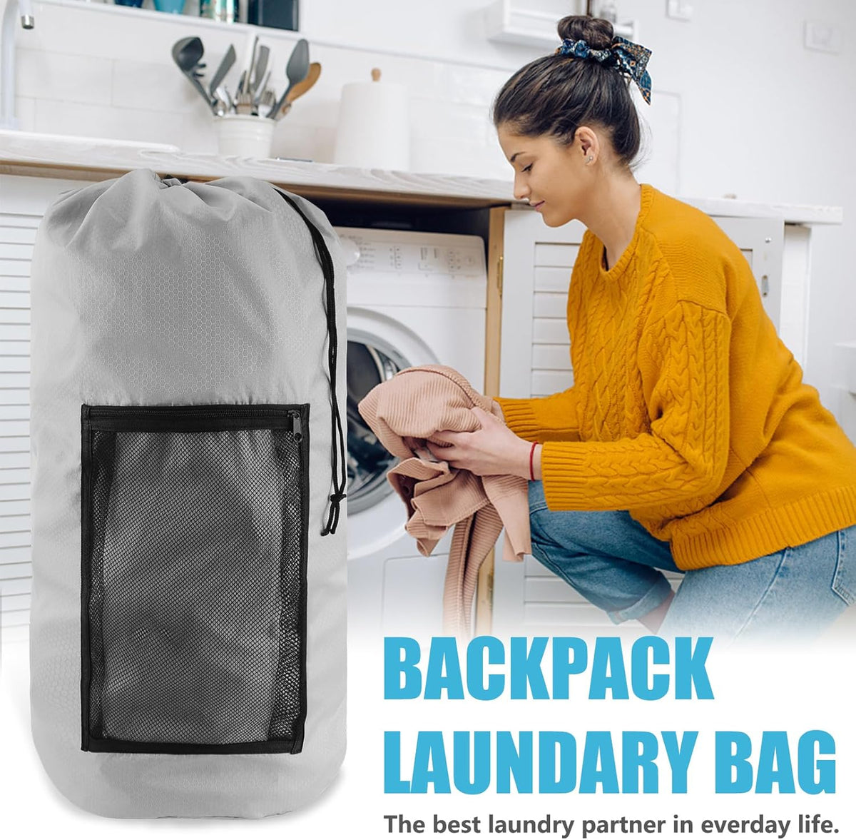 Laundry Bag Backpack, Extra Large Travel Laundry Bag with Mesh Pocket & Adjustable Shoulder Straps,Dirty Clothes Travel Bag for College Students Dorm,Apartment(Sunflower)