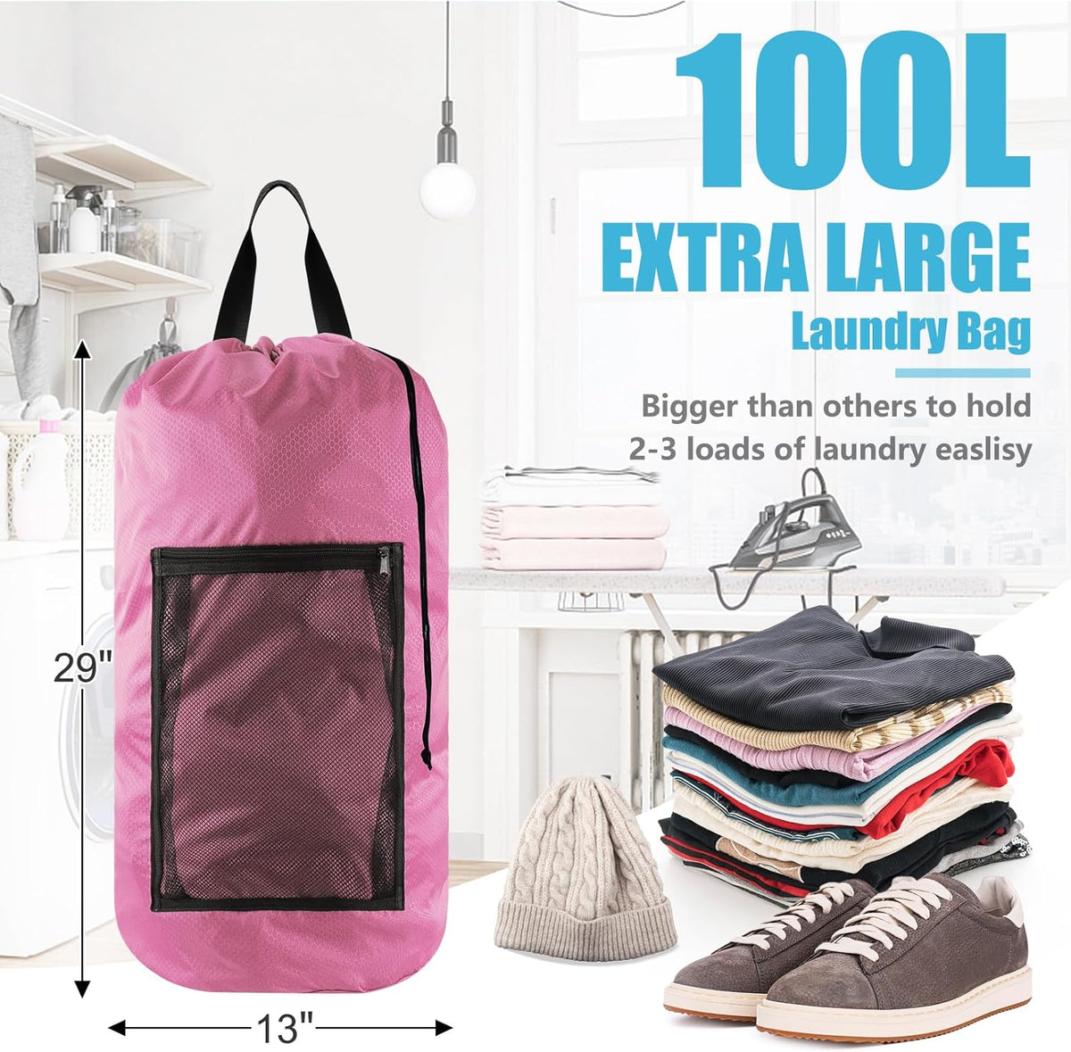 Laundry Bag Backpack, Extra Large Travel Laundry Bag with Mesh Pocket & Adjustable Shoulder Straps,Dirty Clothes Travel Bag for College Students Dorm,Apartment(Sunflower)