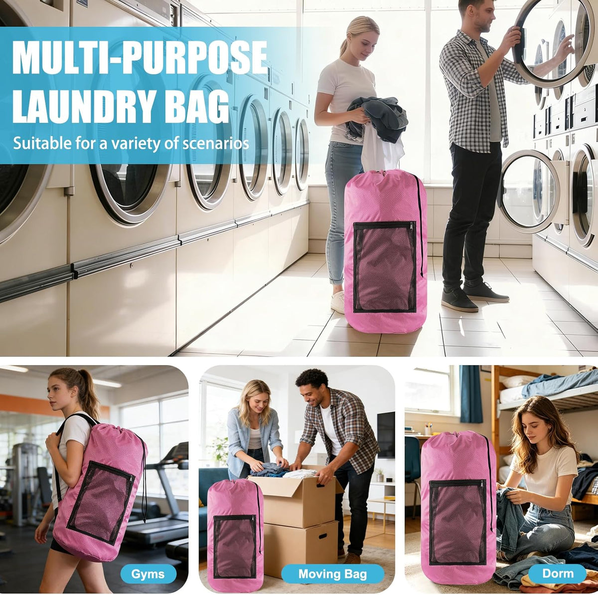 Laundry Bag Backpack, Extra Large Travel Laundry Bag with Mesh Pocket & Adjustable Shoulder Straps,Dirty Clothes Travel Bag for College Students Dorm,Apartment(Sunflower)