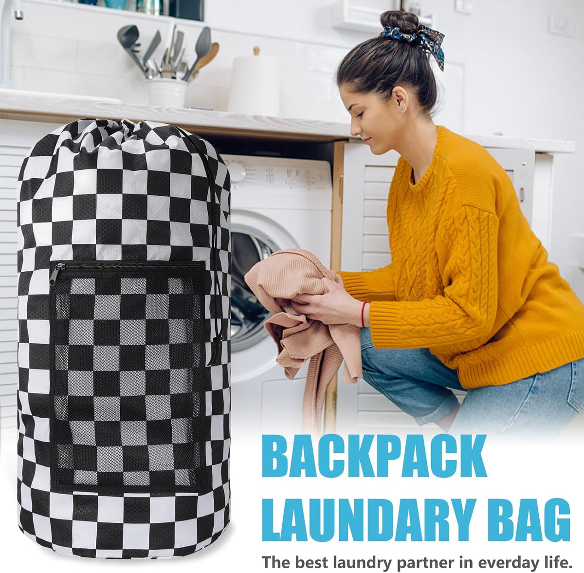Laundry Bag Backpack, Extra Large Travel Laundry Bag with Mesh Pocket & Adjustable Shoulder Straps,Dirty Clothes Travel Bag for College Students Dorm,Apartment(Sunflower)