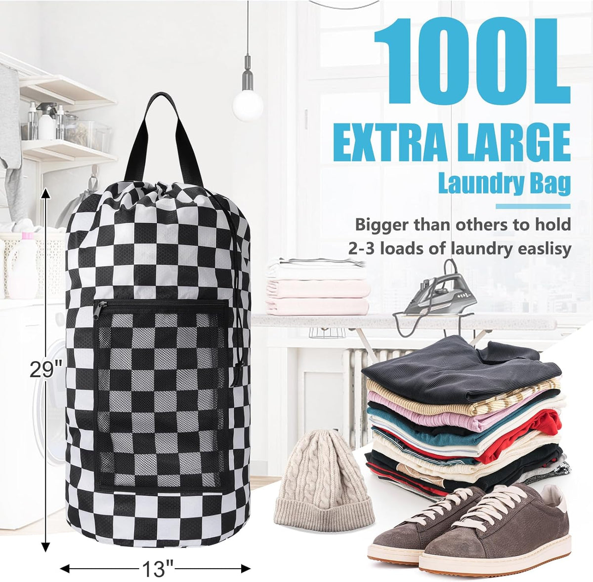 Laundry Bag Backpack, Extra Large Travel Laundry Bag with Mesh Pocket & Adjustable Shoulder Straps,Dirty Clothes Travel Bag for College Students Dorm,Apartment(Sunflower)