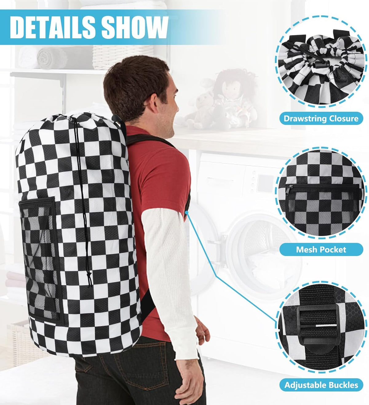 Laundry Bag Backpack, Extra Large Travel Laundry Bag with Mesh Pocket & Adjustable Shoulder Straps,Dirty Clothes Travel Bag for College Students Dorm,Apartment(Sunflower)