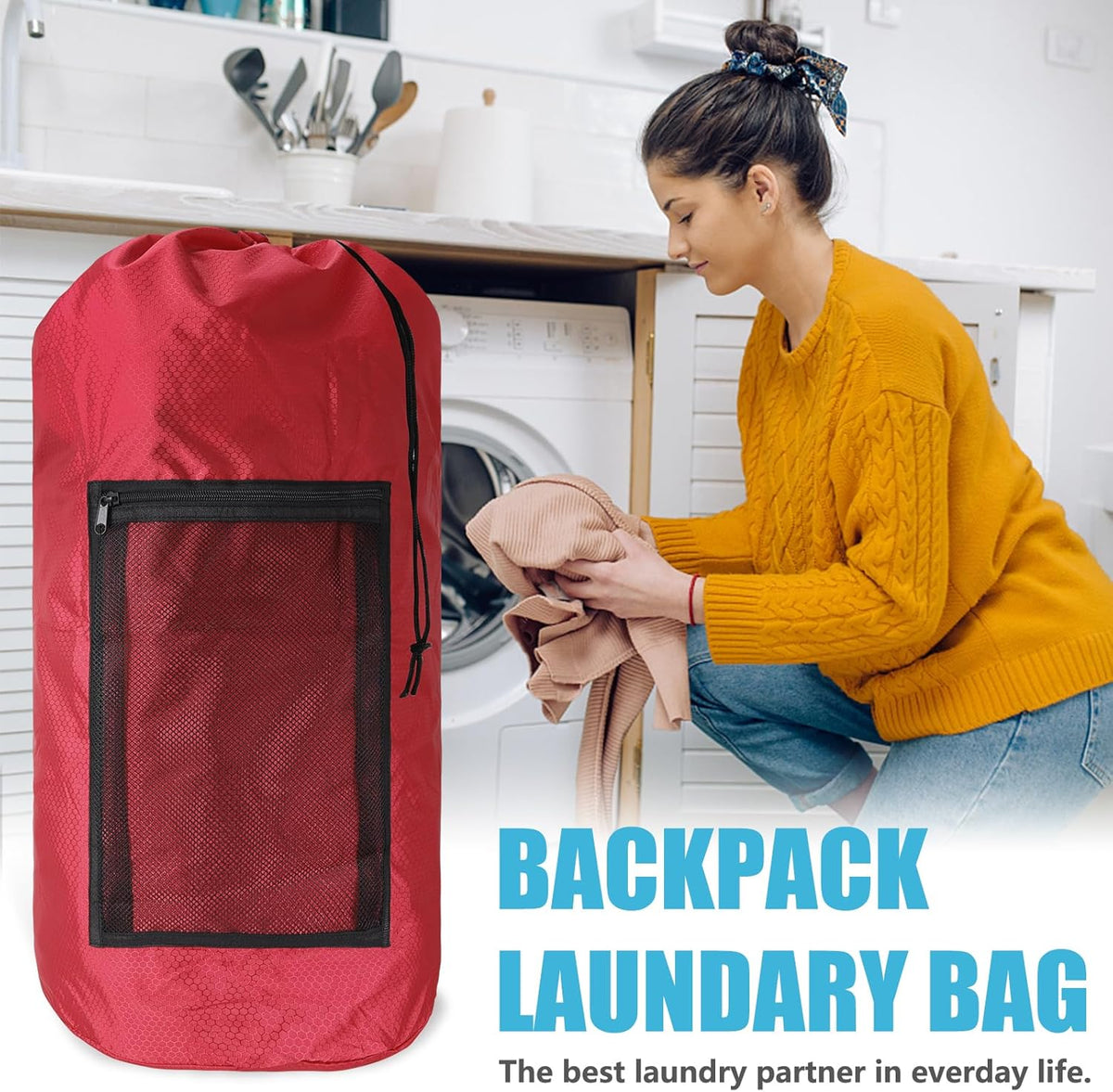 Laundry Bag Backpack, Extra Large Travel Laundry Bag with Mesh Pocket & Adjustable Shoulder Straps,Dirty Clothes Travel Bag for College Students Dorm,Apartment(Sunflower)