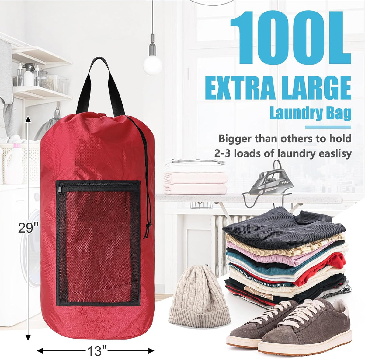 Laundry Bag Backpack, Extra Large Travel Laundry Bag with Mesh Pocket & Adjustable Shoulder Straps,Dirty Clothes Travel Bag for College Students Dorm,Apartment(Sunflower)