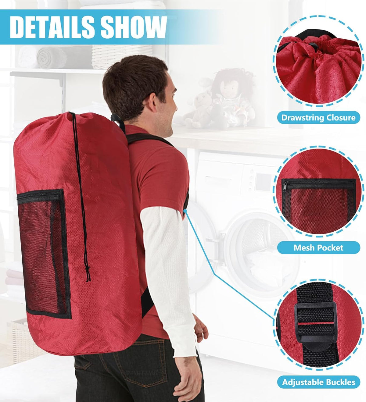 Laundry Bag Backpack, Extra Large Travel Laundry Bag with Mesh Pocket & Adjustable Shoulder Straps,Dirty Clothes Travel Bag for College Students Dorm,Apartment(Sunflower)