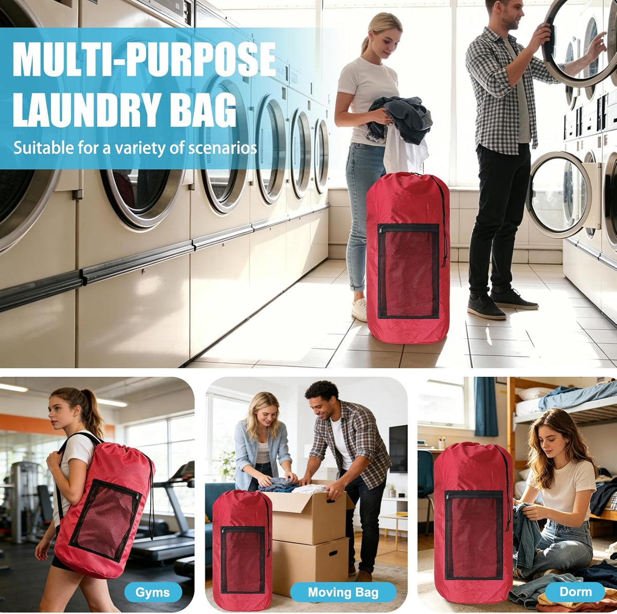 Laundry Bag Backpack, Extra Large Travel Laundry Bag with Mesh Pocket & Adjustable Shoulder Straps,Dirty Clothes Travel Bag for College Students Dorm,Apartment(Sunflower)