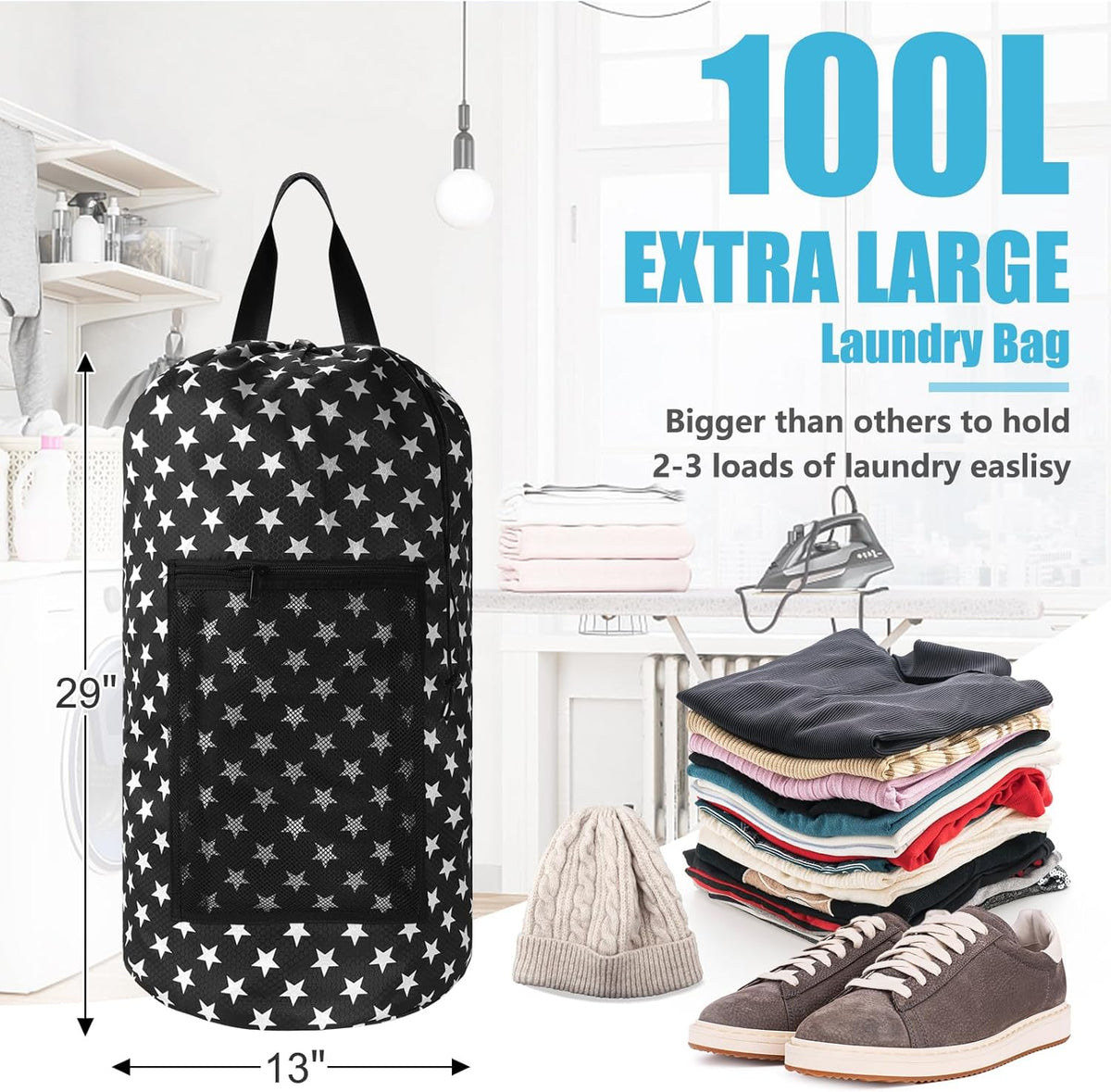 Laundry Bag Backpack, Extra Large Travel Laundry Bag with Mesh Pocket & Adjustable Shoulder Straps,Dirty Clothes Travel Bag for College Students Dorm,Apartment(Sunflower)