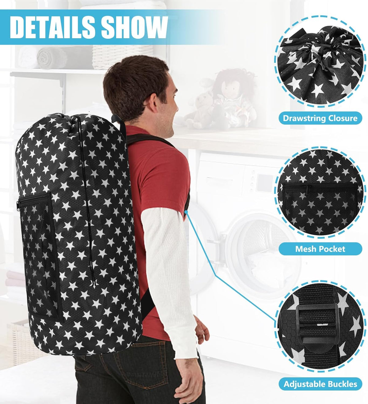 Laundry Bag Backpack, Extra Large Travel Laundry Bag with Mesh Pocket & Adjustable Shoulder Straps,Dirty Clothes Travel Bag for College Students Dorm,Apartment(Sunflower)