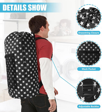Laundry Bag Backpack, Extra Large Travel Laundry Bag with Mesh Pocket & Adjustable Shoulder Straps,Dirty Clothes Travel Bag for College Students Dorm,Apartment(Sunflower)