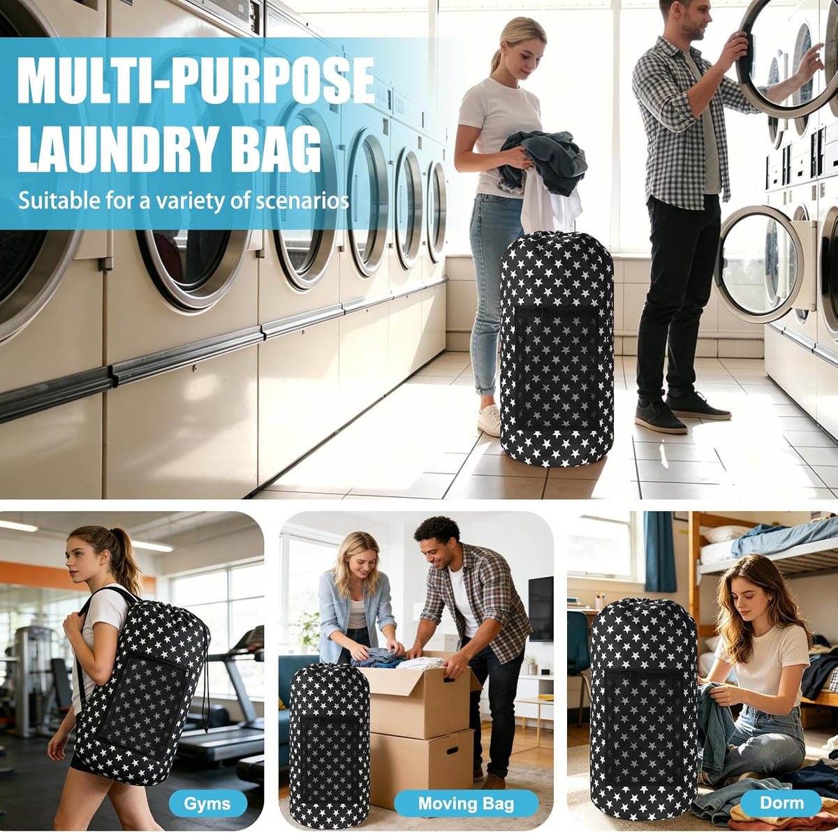 Laundry Bag Backpack, Extra Large Travel Laundry Bag with Mesh Pocket & Adjustable Shoulder Straps,Dirty Clothes Travel Bag for College Students Dorm,Apartment(Sunflower)