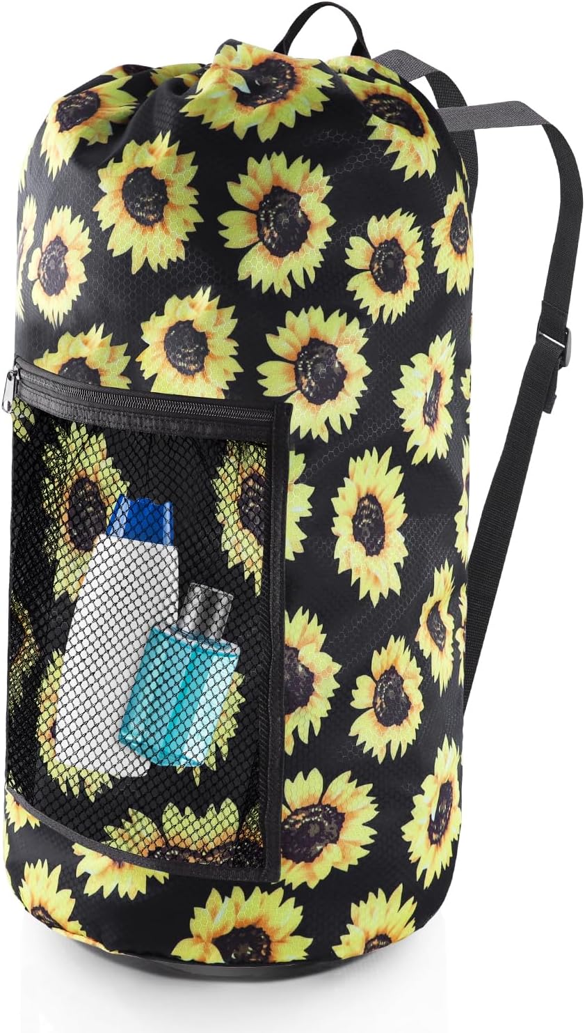 Laundry Bag Backpack, Extra Large Travel Laundry Bag with Mesh Pocket & Adjustable Shoulder Straps,Dirty Clothes Travel Bag for College Students Dorm,Apartment(Sunflower)