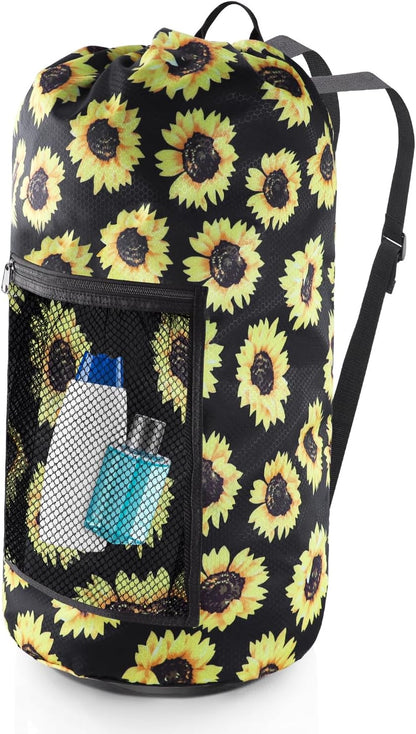 Laundry Bag Backpack, Extra Large Travel Laundry Bag with Mesh Pocket & Adjustable Shoulder Straps,Dirty Clothes Travel Bag for College Students Dorm,Apartment(Sunflower)