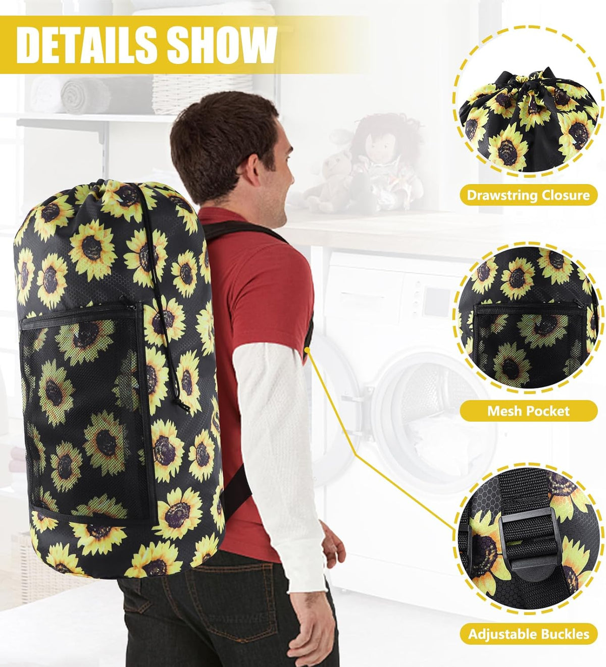 Laundry Bag Backpack, Extra Large Travel Laundry Bag with Mesh Pocket & Adjustable Shoulder Straps,Dirty Clothes Travel Bag for College Students Dorm,Apartment(Sunflower)