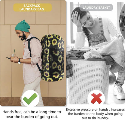 Laundry Bag Backpack, Extra Large Travel Laundry Bag with Mesh Pocket & Adjustable Shoulder Straps,Dirty Clothes Travel Bag for College Students Dorm,Apartment(Sunflower)
