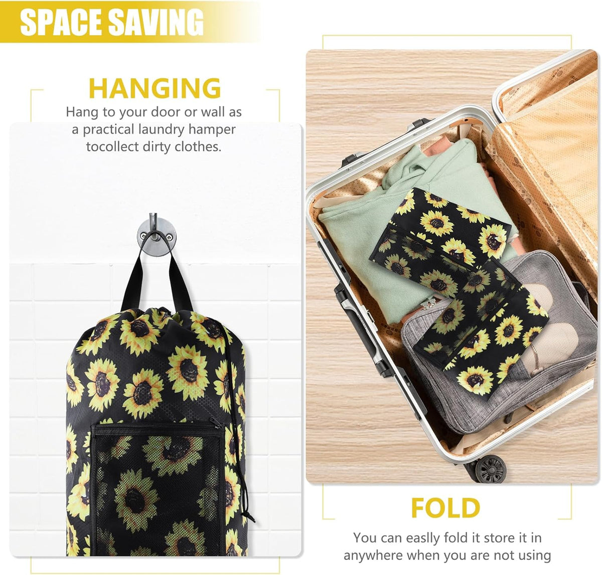 Laundry Bag Backpack, Extra Large Travel Laundry Bag with Mesh Pocket & Adjustable Shoulder Straps,Dirty Clothes Travel Bag for College Students Dorm,Apartment(Sunflower)