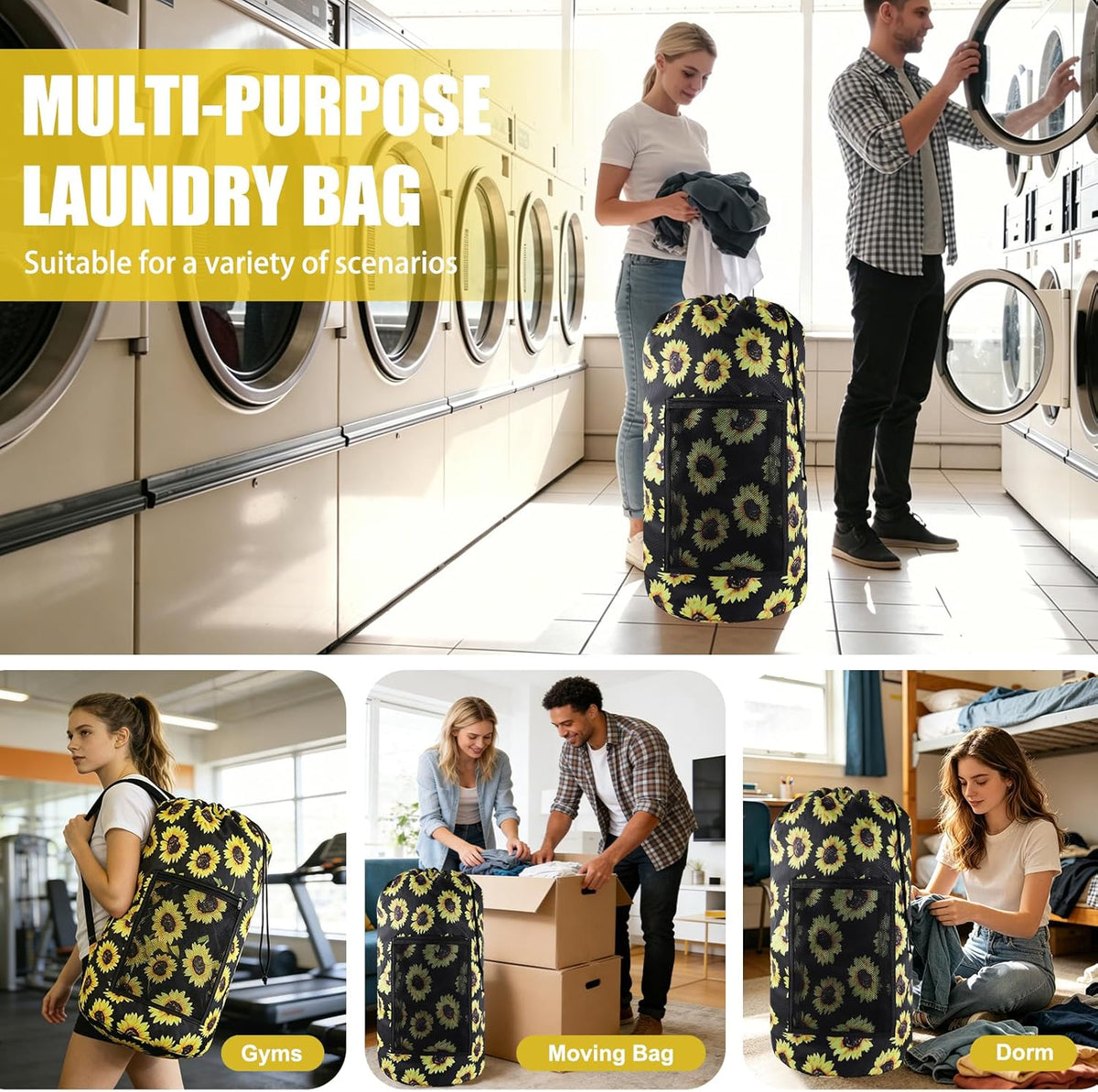 Laundry Bag Backpack, Extra Large Travel Laundry Bag with Mesh Pocket & Adjustable Shoulder Straps,Dirty Clothes Travel Bag for College Students Dorm,Apartment(Sunflower)