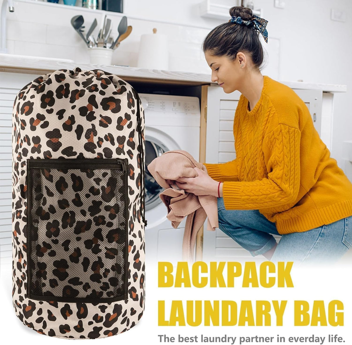 Laundry Bag Backpack, Extra Large Travel Laundry Bag with Mesh Pocket & Adjustable Shoulder Straps,Dirty Clothes Travel Bag for College Students Dorm,Apartment(Sunflower)