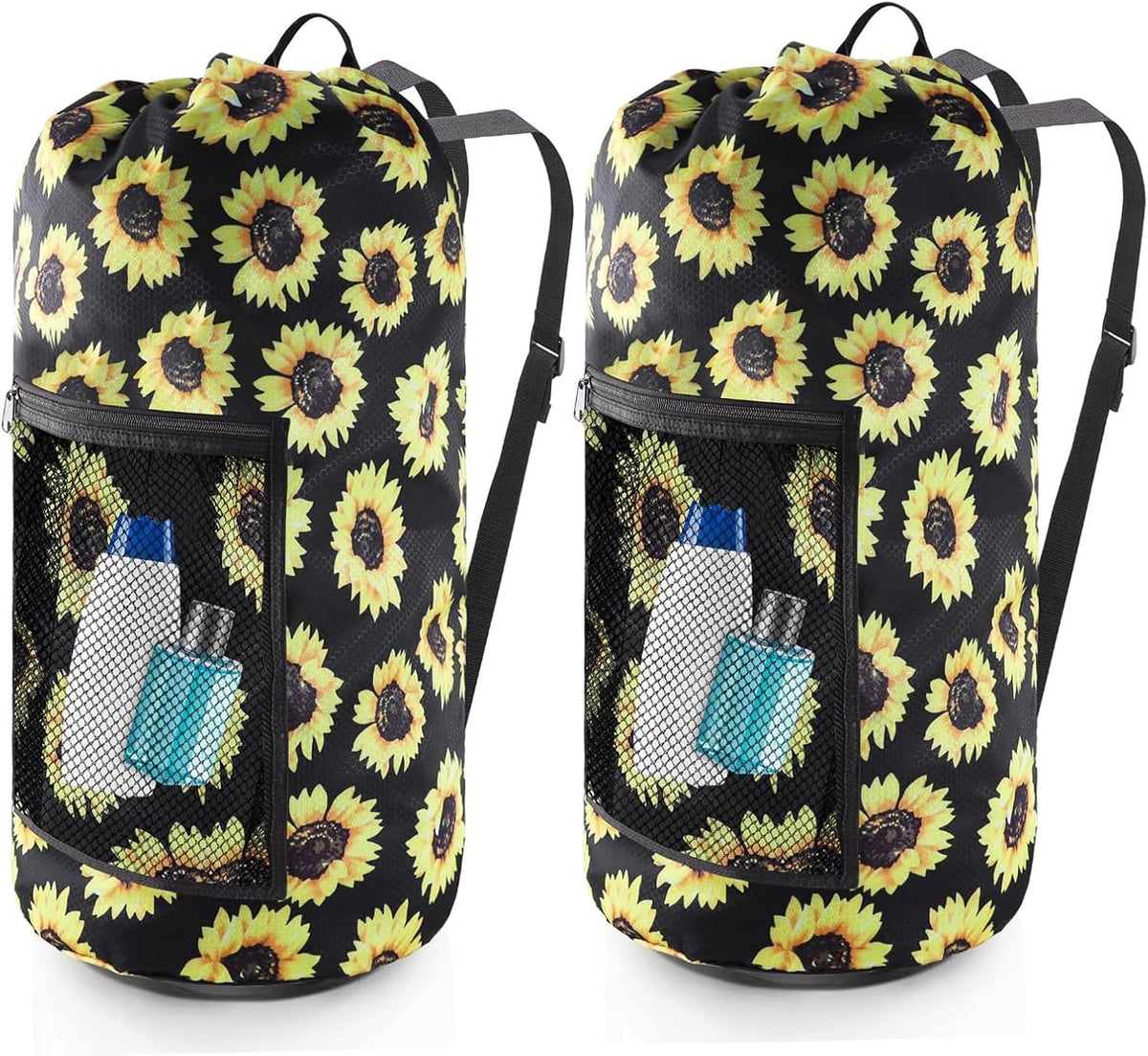 Laundry Bag Backpack, Extra Large Travel Laundry Bag with Mesh Pocket & Adjustable Shoulder Straps,Dirty Clothes Travel Bag for College Students Dorm,Apartment(Sunflower)