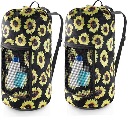 Laundry Bag Backpack, Extra Large Travel Laundry Bag with Mesh Pocket & Adjustable Shoulder Straps,Dirty Clothes Travel Bag for College Students Dorm,Apartment(Sunflower)
