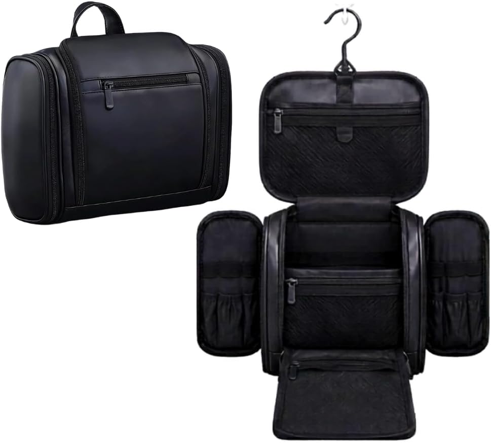 TUCKR Leather Toiletry Bag for Men & Women, Travel Dopp Kit for Everyday Essentials, Water Resistant, Compact & Sleek Design with Hook and Multiple Compartments (Dark Brown)