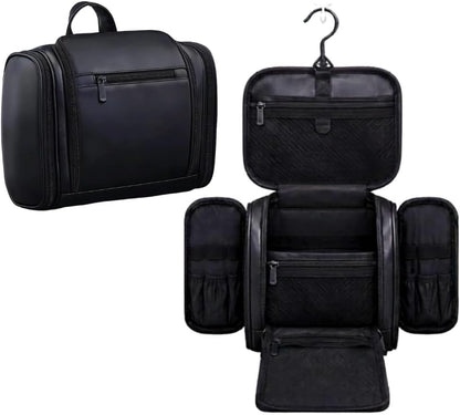 TUCKR Leather Toiletry Bag for Men & Women, Travel Dopp Kit for Everyday Essentials, Water Resistant, Compact & Sleek Design with Hook and Multiple Compartments (Dark Brown)