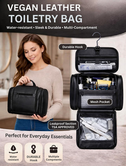 TUCKR Leather Toiletry Bag for Men & Women, Travel Dopp Kit for Everyday Essentials, Water Resistant, Compact & Sleek Design with Hook and Multiple Compartments (Dark Brown)