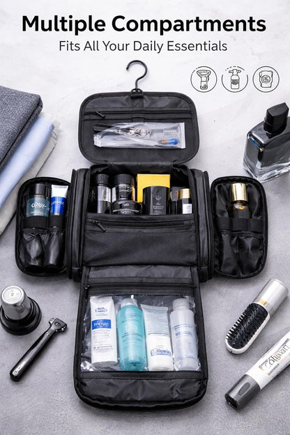 TUCKR Leather Toiletry Bag for Men & Women, Travel Dopp Kit for Everyday Essentials, Water Resistant, Compact & Sleek Design with Hook and Multiple Compartments (Dark Brown)