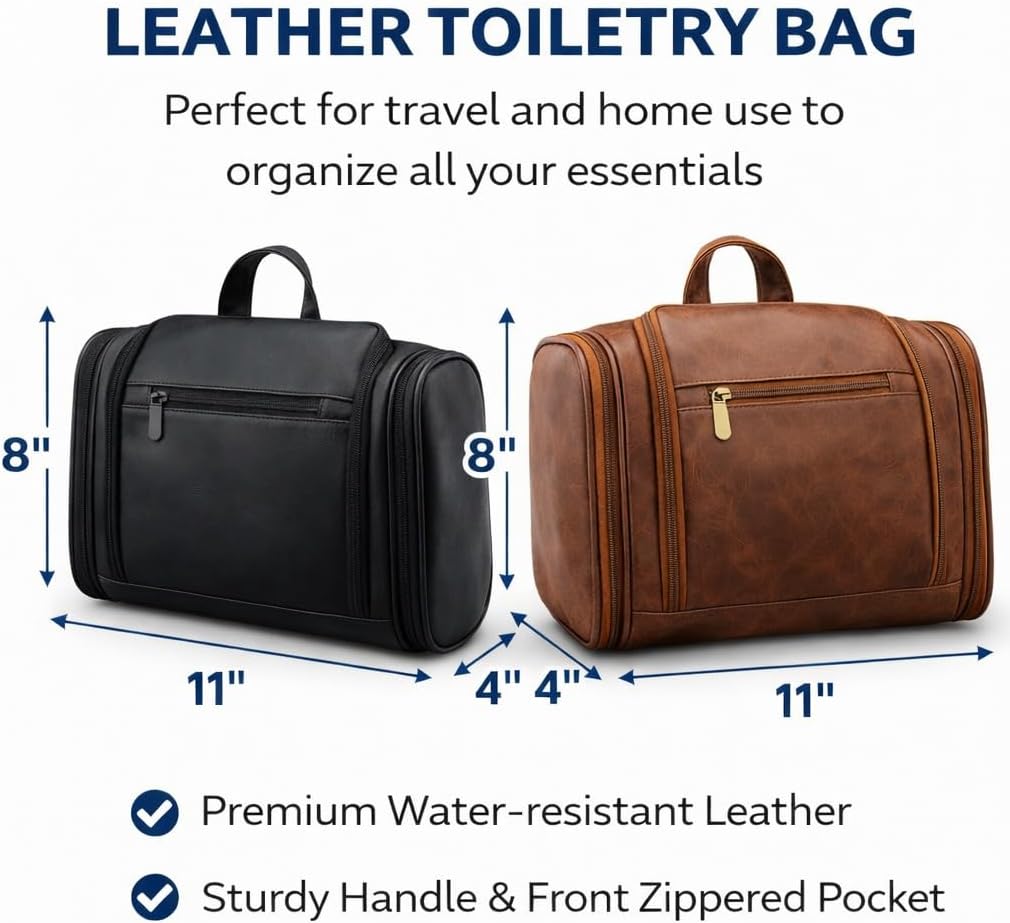 TUCKR Leather Toiletry Bag for Men & Women, Travel Dopp Kit for Everyday Essentials, Water Resistant, Compact & Sleek Design with Hook and Multiple Compartments (Dark Brown)