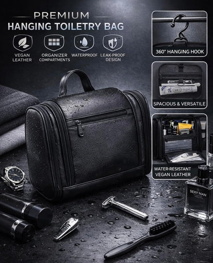TUCKR Leather Toiletry Bag for Men & Women, Travel Dopp Kit for Everyday Essentials, Water Resistant, Compact & Sleek Design with Hook and Multiple Compartments (Dark Brown)