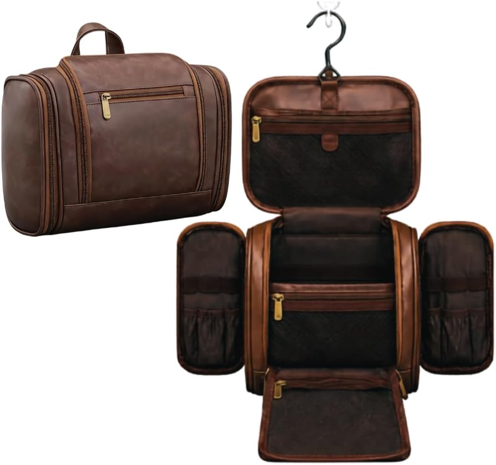 TUCKR Leather Toiletry Bag for Men & Women, Travel Dopp Kit for Everyday Essentials, Water Resistant, Compact & Sleek Design with Hook and Multiple Compartments (Dark Brown)