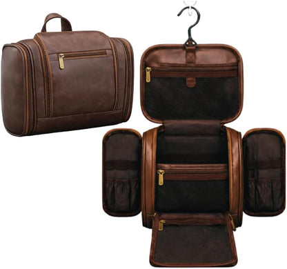 TUCKR Leather Toiletry Bag for Men & Women, Travel Dopp Kit for Everyday Essentials, Water Resistant, Compact & Sleek Design with Hook and Multiple Compartments (Dark Brown)
