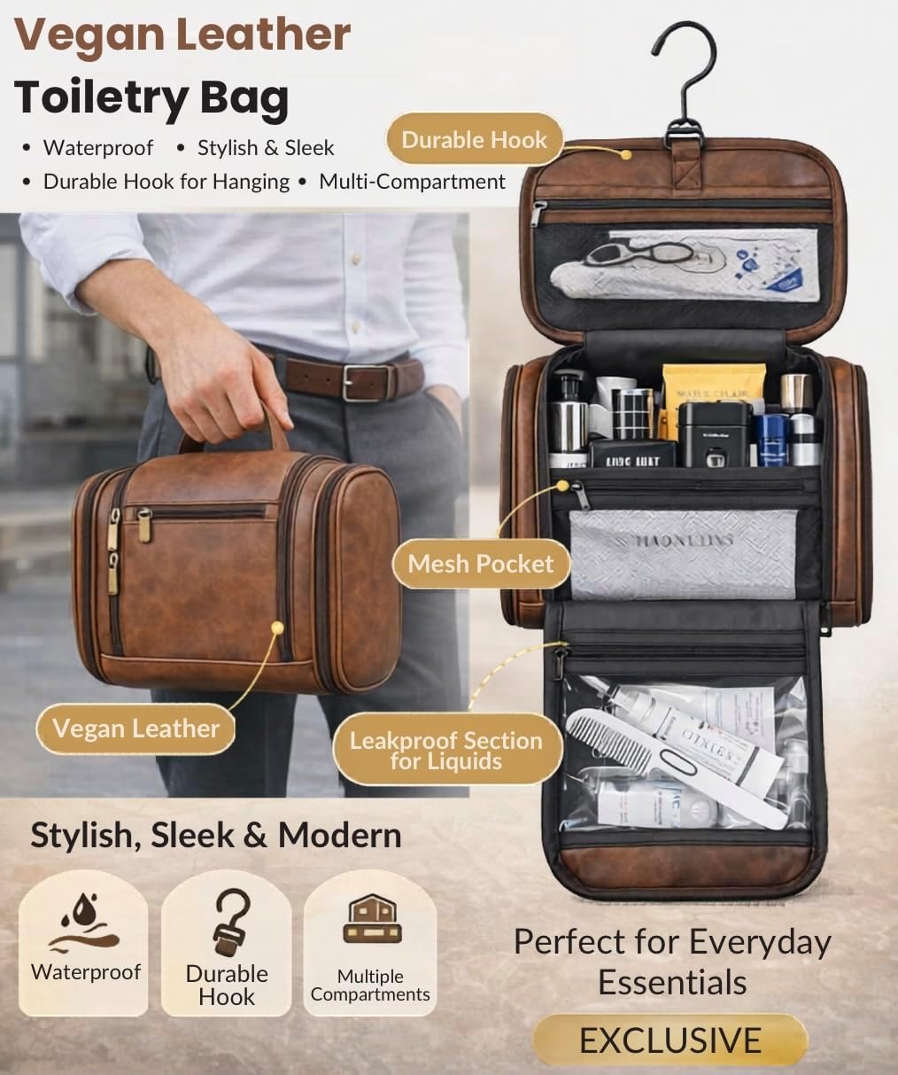 TUCKR Leather Toiletry Bag for Men & Women, Travel Dopp Kit for Everyday Essentials, Water Resistant, Compact & Sleek Design with Hook and Multiple Compartments (Dark Brown)
