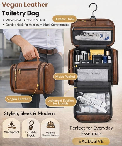 TUCKR Leather Toiletry Bag for Men & Women, Travel Dopp Kit for Everyday Essentials, Water Resistant, Compact & Sleek Design with Hook and Multiple Compartments (Dark Brown)