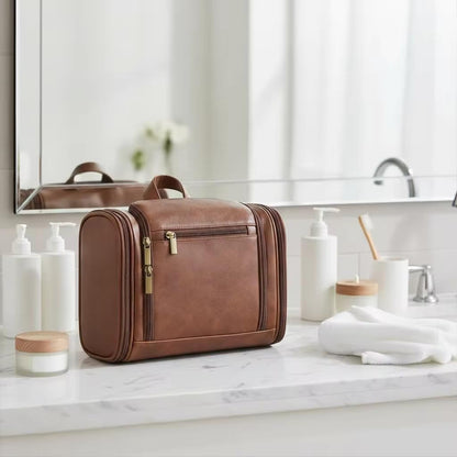 TUCKR Leather Toiletry Bag for Men & Women, Travel Dopp Kit for Everyday Essentials, Water Resistant, Compact & Sleek Design with Hook and Multiple Compartments (Dark Brown)