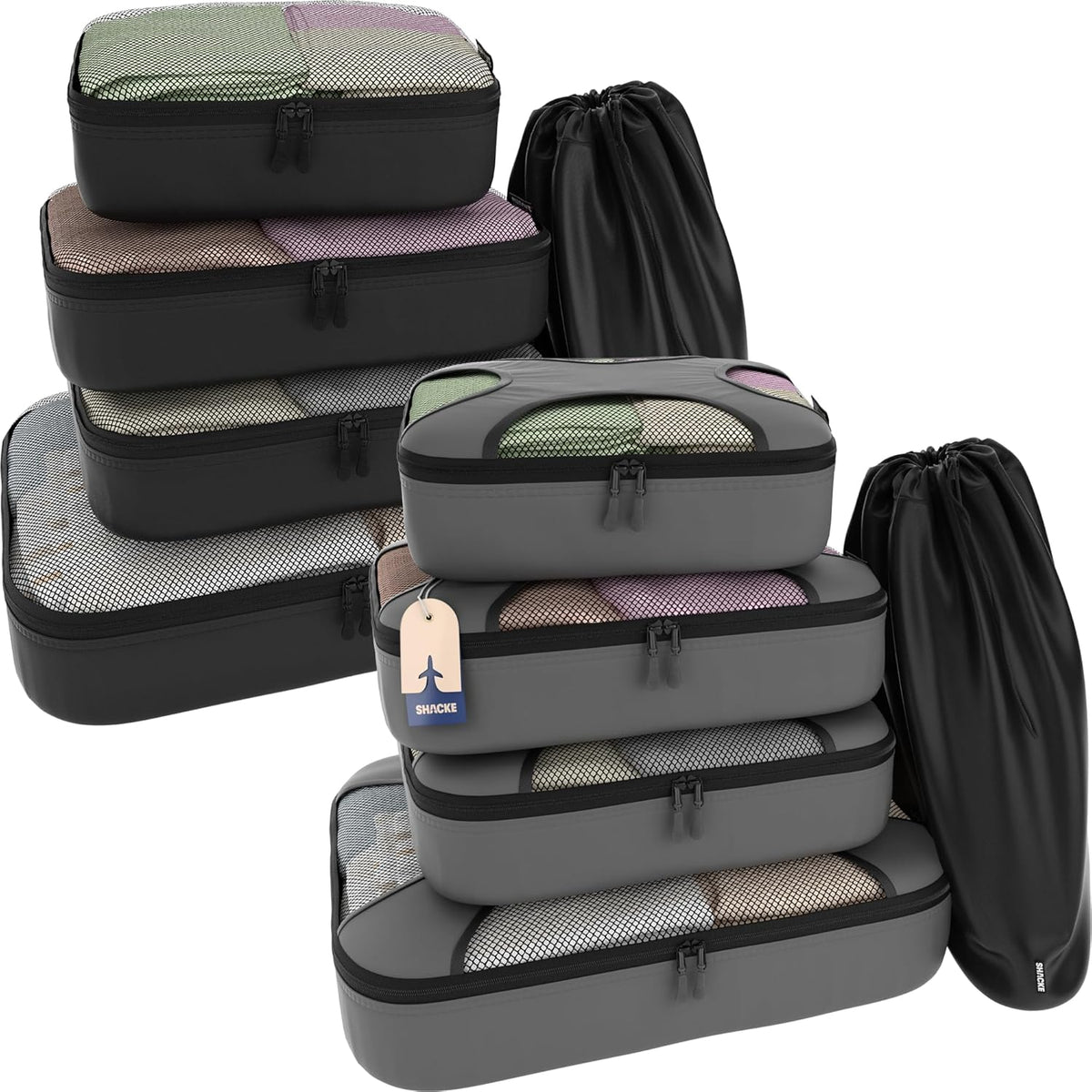 Premium 5 Packing Cubes Set (Dark Grey) & 5 Packing Cubes Set (Air Black) | Lightweight Mesh Travel Luggage Organizers with Laundry Bag